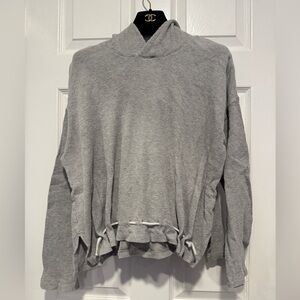 Skin gray waffle knit texture hooded pullover top drawstring detail cotton